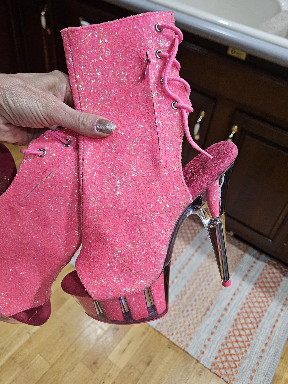 Pleaser Hot Pink Glitter Lace-Up Platform Stiletto Booties